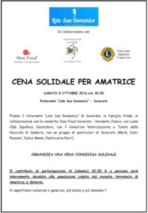 Soverato – Sabato 8 Ottobre “Cena solidale per Amatrice”