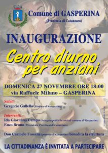 Domenica 27 novembre, a Gasperina si inaugura un centro per anziani