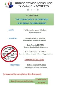 Lunedì 23 gennaio all’Istituto “A. Calabretta” di Soverato convegno sul bullismo