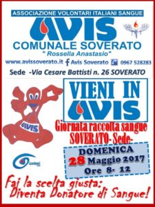 Domenica 28 maggio raccolta sangue presso l’Avis di Soverato