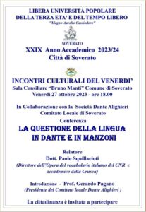 Soverato – Venerdì 27 ottobre la conferenza “La questione della lingua in Dante e in Manzoni”