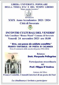 Soverato – Venerdì 24 Novembre incontro culturale su Franco Costabile