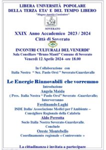 Soverato – Venerdì 12  Aprile un incontro su “Le Energie Rinnovabili che vorremmo”