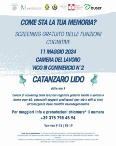 Sabato 11 Maggio a Catanzaro Lido uno screening gratuito delle funzioni cognitive