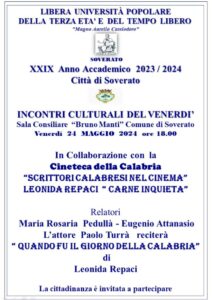 Soverato – Venerdì 24 Maggio l’incontro culturale “Scrittori Calabresi nel cinema”