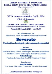 Venerdì 31 Maggio l’incontro culturale “Soverato – Contesti archeologici e rinvenimenti sporadici”