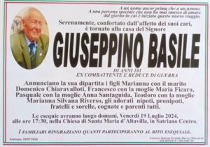 Si è spento a Satriano l’ultimo reduce di guerra, Giuseppino Basile. Aveva 101 anni