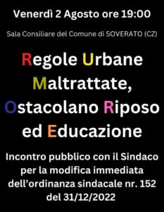 Stasera incontro Pubblico a Soverato per la Richiesta di Modifica dell’Ordinanza Sindacale n. 152/2022