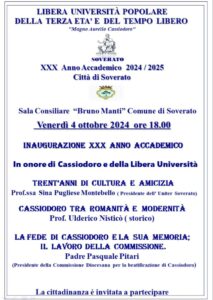 Soverato – Venerdì 04 Ottobre Inaugurazione del XXX Anno Accademico Università della Terza Età